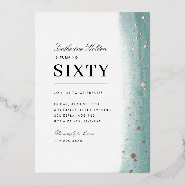 Invitation En Aluminium 60th Birthday Elegant Green Brush Stroke  (Recto)