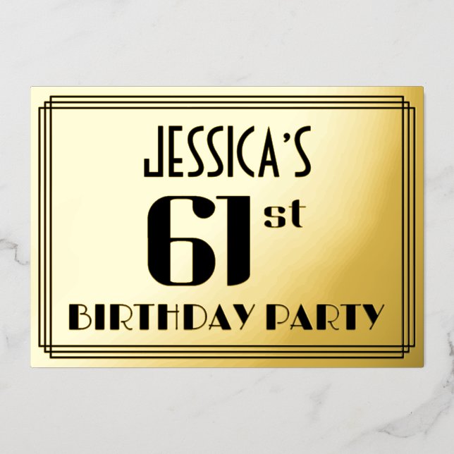 Invitation En Aluminium 61e fête d'anniversaire : Art Déco Look "61" et no (Recto)
