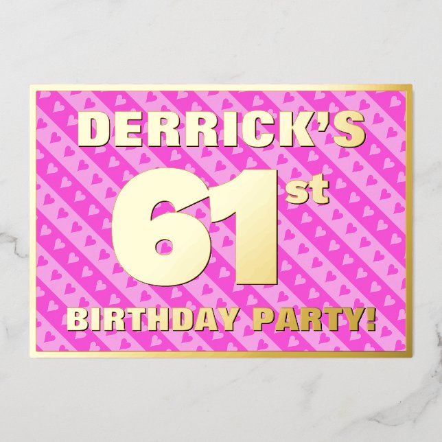 Invitation En Aluminium 61e fête d'anniversaire — Coeurs et rayures roses  (Recto)