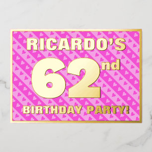 Invitation En Aluminium 62e fête d'anniversaire — Coeurs et rayures roses