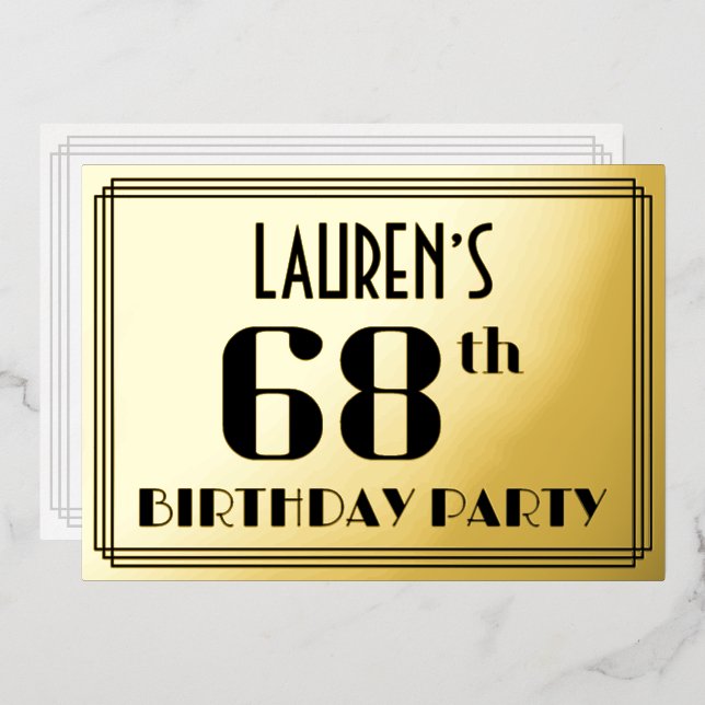 Invitation En Aluminium 68e fête d'anniversaire : Art Déco Look "68" et no (Recto/Verso)
