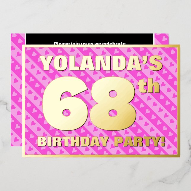 Invitation En Aluminium 68e fête d'anniversaire — Coeurs et rayures roses  (Recto/Verso)