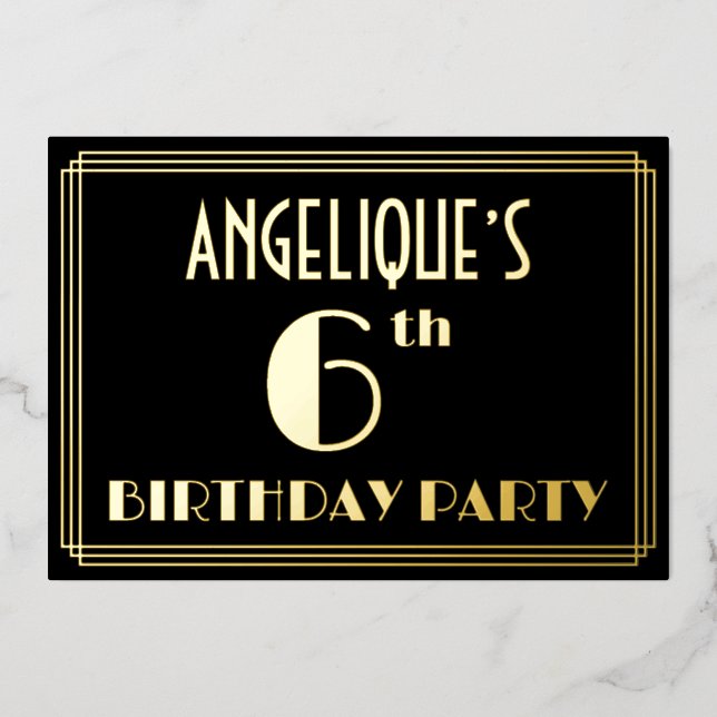 Invitation En Aluminium 6e fête d'anniversaire : Art Déco Look "6", avec n (Recto)