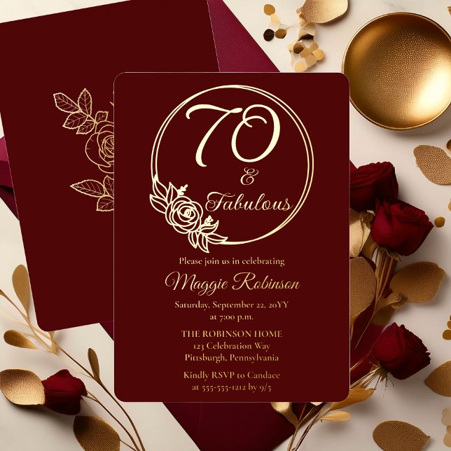 Invitation En Aluminium 70 et fabuleuse fête du 70e anniversaire bloquée (Elegant Rose Wreath 70 and Fabulous 70th Birthday Party Burgundy Stamped Gold Foil Invitation )
