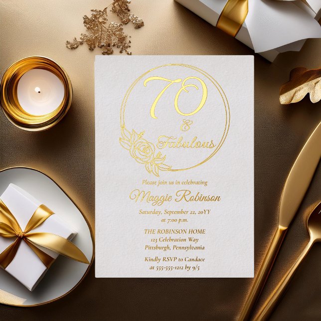 Invitation En Aluminium 70 et fabuleuse fête du 70e anniversaire bloquée (Simply Elegant Rose Wreath "70 and Fabulous" 70th Birthday Party Stamped Foil Invitation)