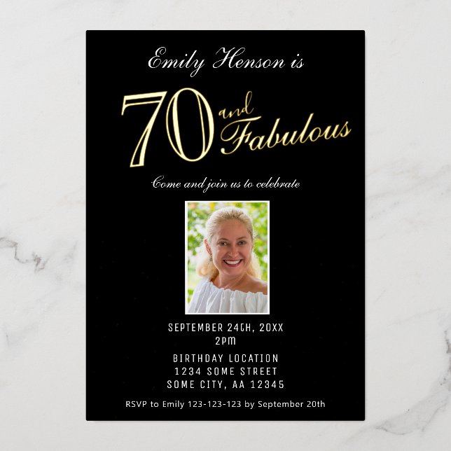 Invitation En Aluminium 70 et Fabulous Black 70th Birthday Gold (Recto)