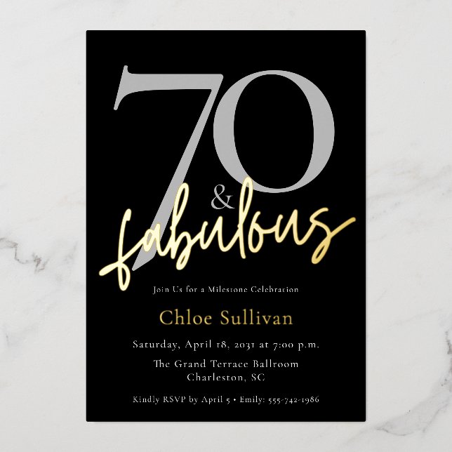 Invitation En Aluminium 70 & Fabuleux Anniversaire Chic avec Écriture Doré (Recto)
