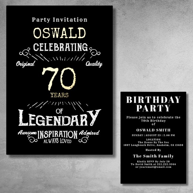Invitation En Aluminium 70e anniversaire Né légendaire Black Gold Retro (For those celebrating their 70th birthday we have the ideal birthday party invitation.)