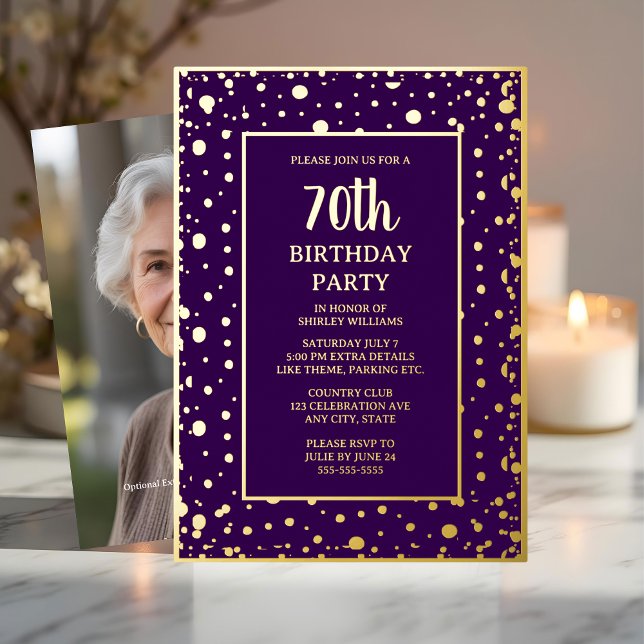Invitation En Aluminium 70e fête d'anniversaire personnalisée Gold Purple  (Créateur téléchargé)
