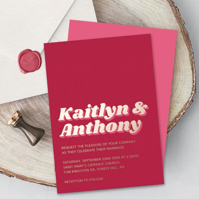 Invitation En Aluminium 70's Retro Super Viva Magenta Mariage Real (Créateur téléchargé)