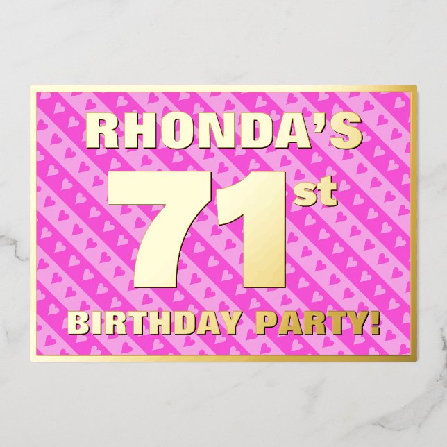 Invitation En Aluminium 71e fête d'anniversaire — Coeurs et rayures roses  (Recto)