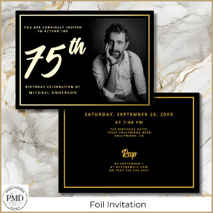 Invitation En Aluminium 75e anniversaire Elégante photo Black Gold