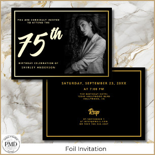 Invitation En Aluminium 75e anniversaire Photo Black Gold Elegant