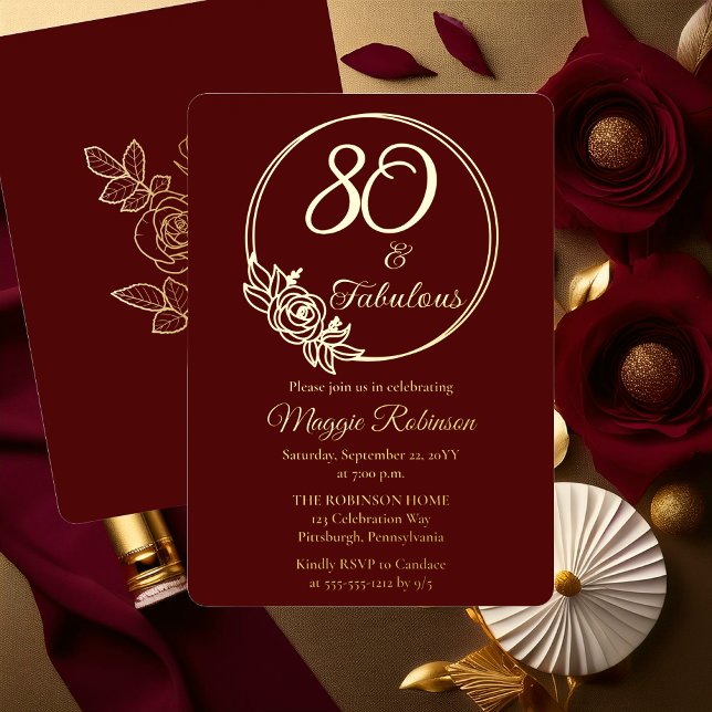 Invitation En Aluminium 80 et fabuleuse fête du 80e anniversaire bloquée (Elegant Rose Wreath 80 and Fabulous 80th Birthday Party Burgundy Stamped Gold Foil Invitation )