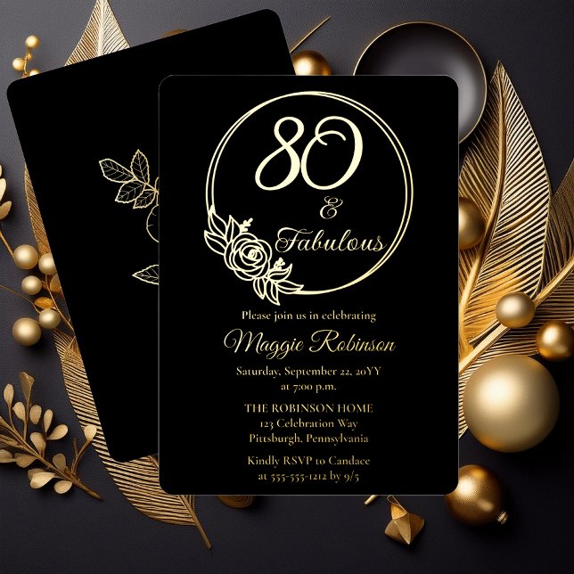 Invitation En Aluminium 80 et fabuleuse fête du 80e anniversaire bloquée (Simply Elegant Rose Wreath "80 and Fabulous" 80th Birthday Party Black Stamped Gold Foil Invitation )