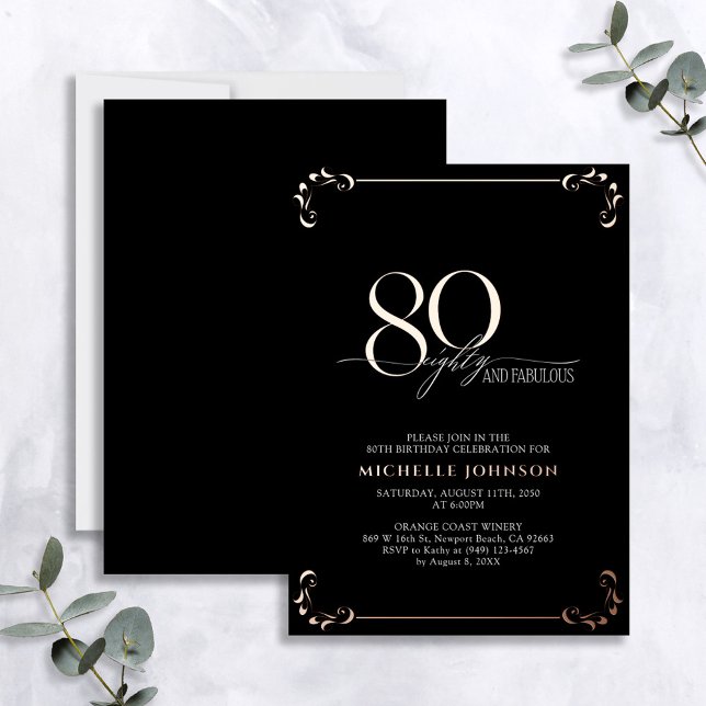 Invitation En Aluminium 80 & Fabuleux Black Rose Gold Calligraphie Anniver (Créateur téléchargé)