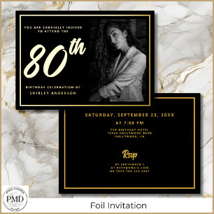 Invitation En Aluminium 80e anniversaire Elégante photo Black Gold