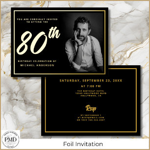 Invitation En Aluminium 80e anniversaire Elégante photo Black Gold