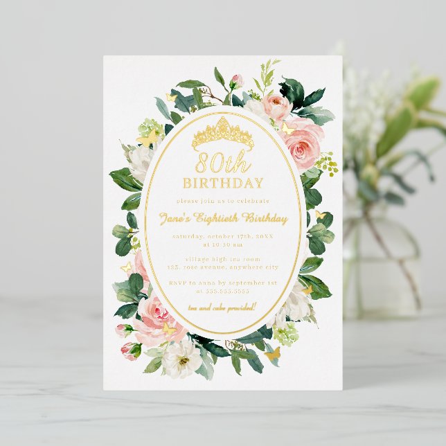 Invitation En Aluminium 80e anniversaire Gold Pink Butterfly Floral (Debout devant)