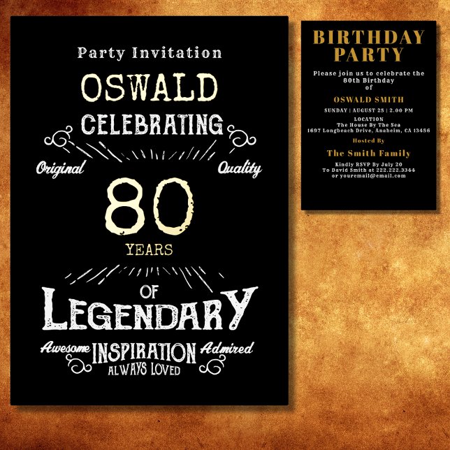 Invitation En Aluminium 80e anniversaire Né légendaire Black Gold Retro (For those celebrating their 80th birthday we have the ideal gold foil birthday party invitation.)