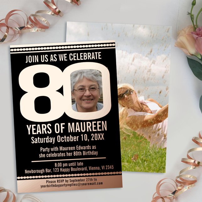 Invitation En Aluminium 80e fête d'anniversaire noir et rose feuille d'or  (Créateur téléchargé)