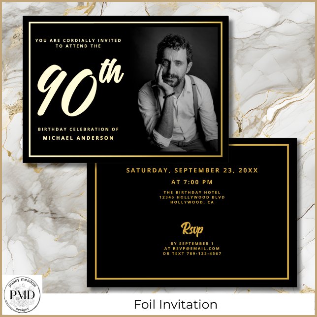 Invitation En Aluminium 90e anniversaire Elegant Photo Black Gold (90th Birthday Elegant Photo Black with Gold Foil Invitation with Date, Time, Location, RSVP on Back.)