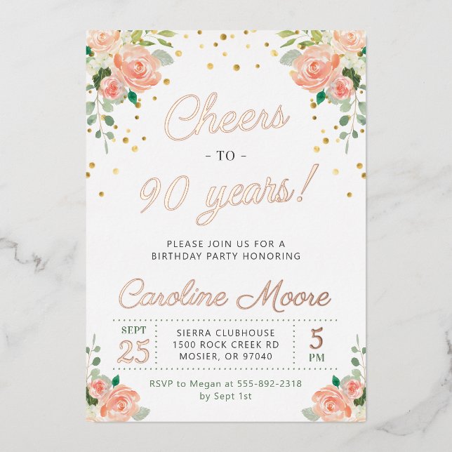 Invitation En Aluminium 90e anniversaire Salutations à 90 ans Dames Rose O (Recto)
