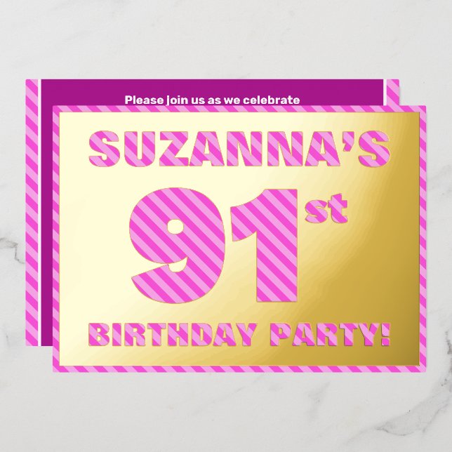 Invitation En Aluminium 91e fête d'anniversaire — Audacieux, amusant, rose (Recto/Verso)