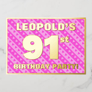 Invitation En Aluminium 91e fête d'anniversaire — Coeurs et rayures roses 