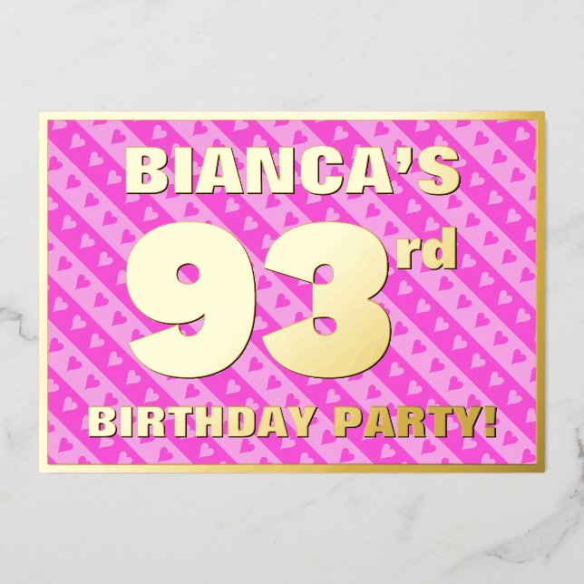 Invitation En Aluminium 93e fête d'anniversaire — Coeurs et rayures roses  (Recto)