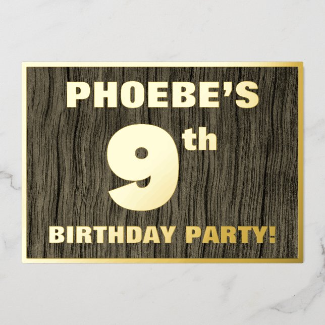 Invitation En Aluminium 9e Birthday Party: Bold, Faux Wood Grain Pattern (Recto)