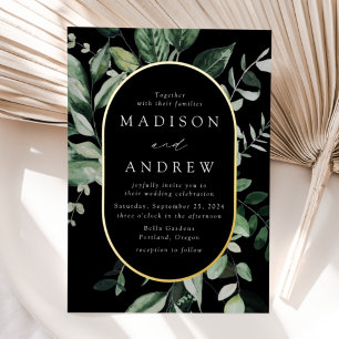 Invitation En Aluminium Abondante verdure ovale noir et or mariage