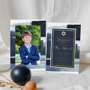 Invitation En Aluminium Abstrait Blue Gilded Photo Bar Mitzvah Real
