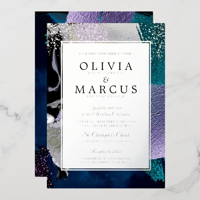 Invitation En Aluminium Abstrait Élégant Turquoise Lilac Brush Strokes (Recto/Verso)