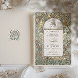Invitation En Aluminium Accents or Mariage Art Nouveau Botanique Foil<br><div class="desc">Cette superbe faire-part de mariage de style Art Nouveau allie harmonieusement beauté naturelle et charme vintage. Sur le devant, un thème botanique sophistiqué se déroule avec de délicats motifs dorés estampillés de feuille, dans un décor blanc cassé et serein. Le design présente des fleurs élégantes et des motifs de feuilles...</div>
