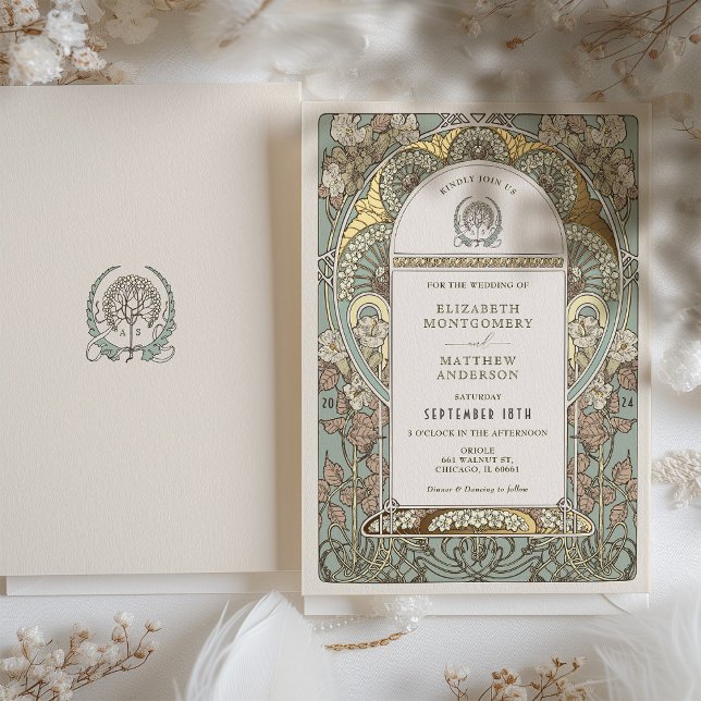 Invitation En Aluminium Accents or Mariage Art Nouveau Botanique Foil (Créateur téléchargé)