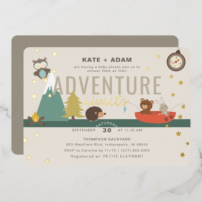 Invitation En Aluminium Adventure Await Woodland Neutral Taup Baby shower (Recto/Verso)