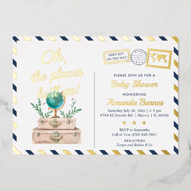 Invitation En Aluminium Adventure World Travel Baby Boy Map Marine Blue Go (Recto)