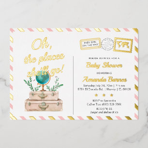 Invitation En Aluminium Adventure World Voyage Bébé Fille Blush Rose Or F