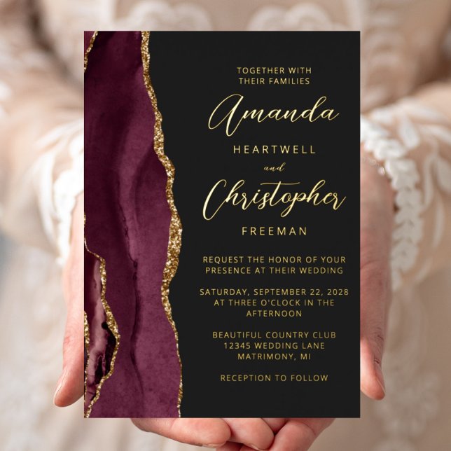Invitation En Aluminium Agate Bourgogne Or Script Sombre Mariage (Créateur téléchargé)
