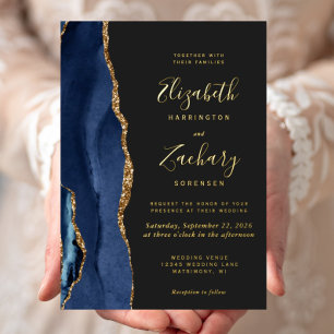 Invitation En Aluminium Agate moderne Marine Bleu Or Mariage foncé