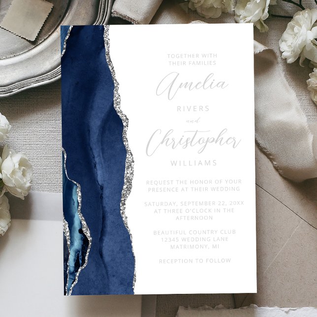 Invitation En Aluminium Agate Navy Blue Silver Modern Script Wedding (Créateur téléchargé)