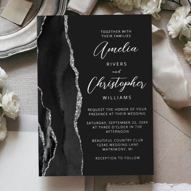 Invitation En Aluminium Agate Noir Argent Script Mariage Sombre (Créateur téléchargé)
