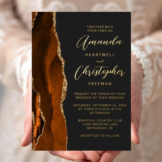 Invitation En Aluminium Agate Orange Brûlé Or Script Dark Mariage (Créateur téléchargé)