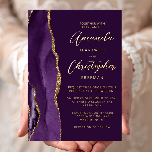 Invitation En Aluminium Agate Purple Gold Script Plum Mariage (Créateur téléchargé)
