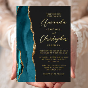 Invitation En Aluminium Agate Turquoise Blue Gold Script Dark Mariage