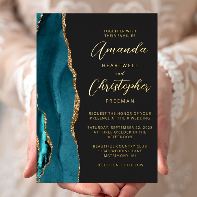 Invitation En Aluminium Agate Turquoise Blue Gold Script Dark Mariage (Créateur téléchargé)