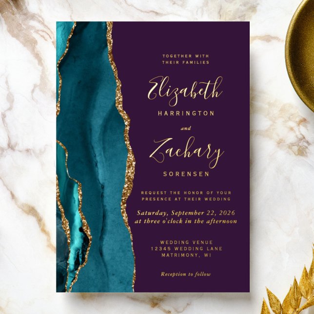 Invitation En Aluminium Agate Turquoise or moderne Mariage violet (Créateur téléchargé)
