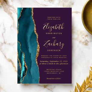 Invitation En Aluminium Agate Turquoise or moderne Mariage violet