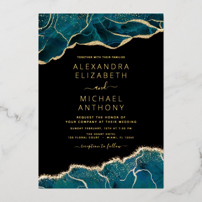 Invitation En Aluminium Agate Turquoise Turquoise Gold Blue Mariage (Recto)